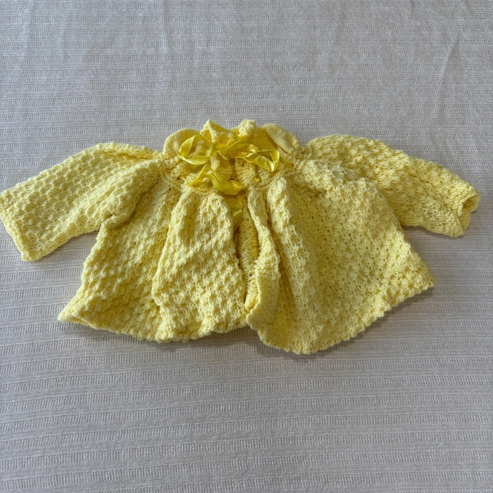 Handmade Vintage Baby Cardigan Yellow Knit Ribbon Tie Sweater Infant 0-3M